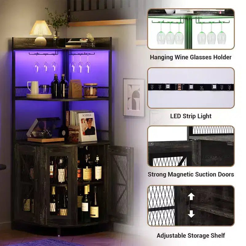 Mobile bar ad angolo a 5 ripiani nero con luci a LED, stile industriale, per 1