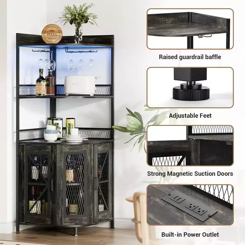 Mobile bar ad angolo a 5 ripiani nero con luci a LED, stile industriale, per 1