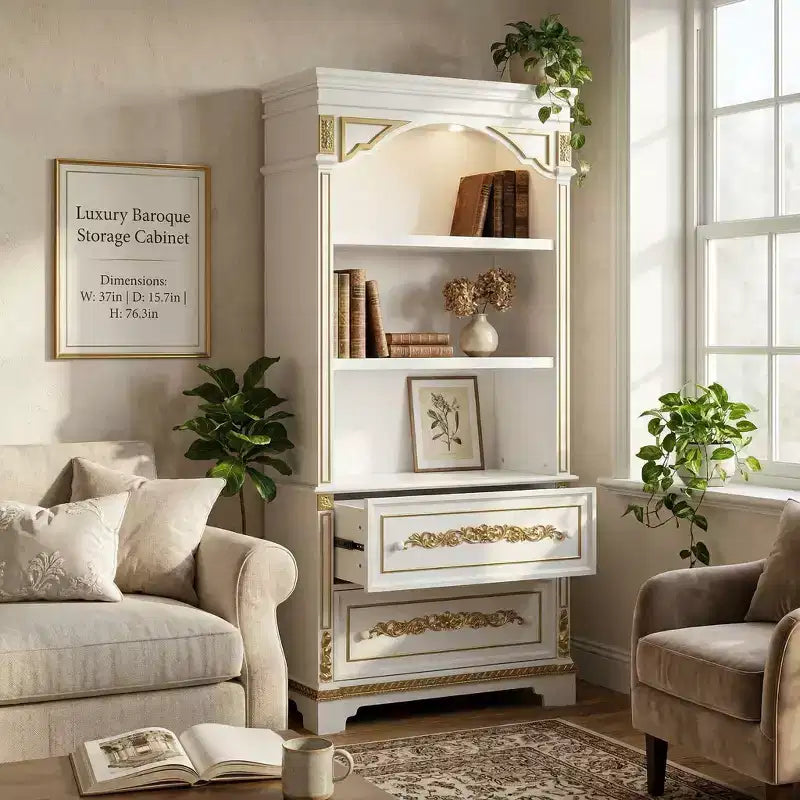 Vetrinetta bianca in stile francese con intagli dorati e luci a LED, 2 cassetti, montaggio per 1 persona
