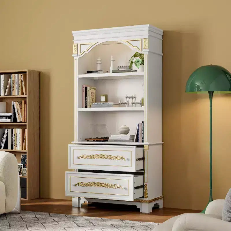 Vetrinetta bianca in stile francese con intagli dorati e luci a LED, 2 cassetti, montaggio per 1 persona