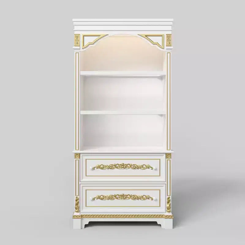 Vetrinetta bianca in stile francese con intagli dorati e luci a LED, 2 cassetti, montaggio per 1 persona