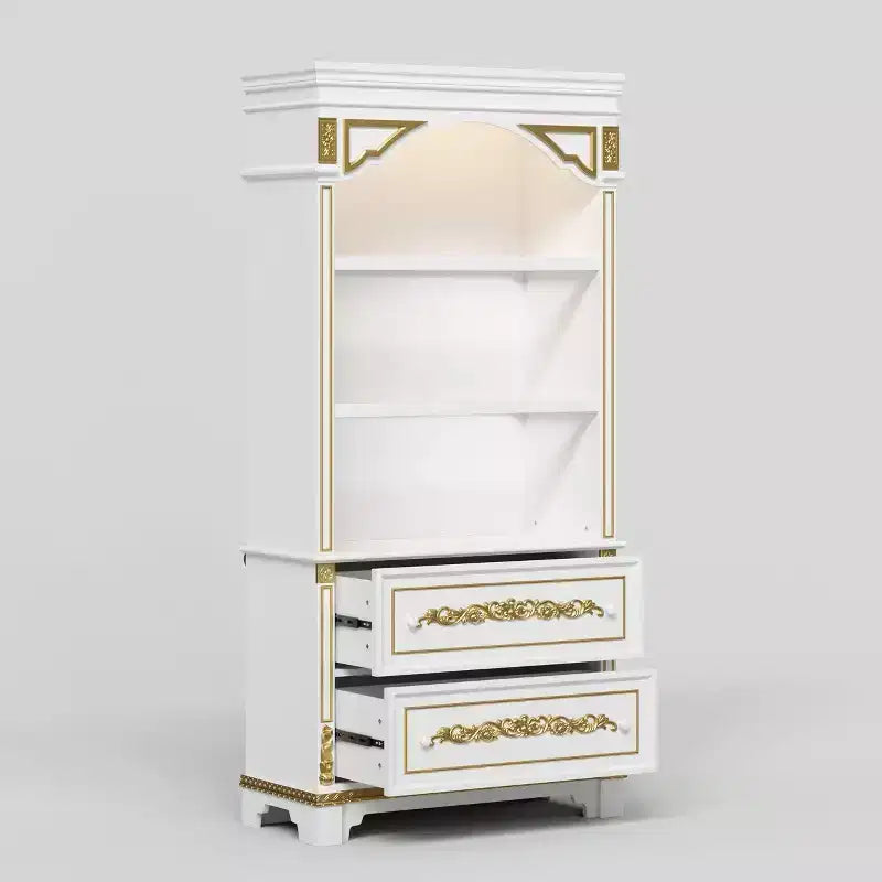 Vetrinetta bianca in stile francese con intagli dorati e luci a LED, 2 cassetti, montaggio per 1 persona