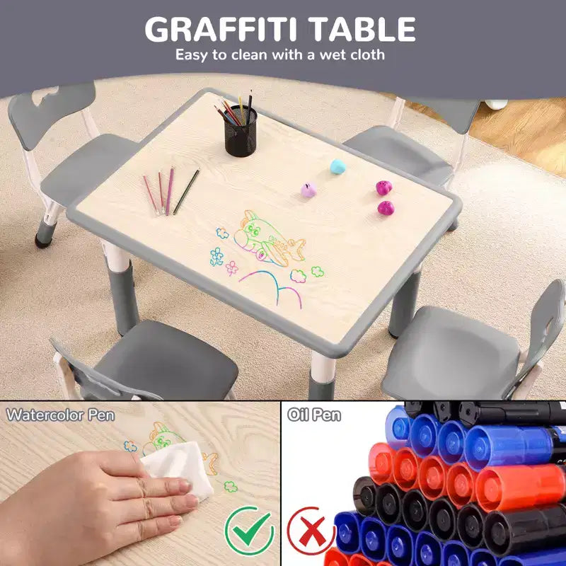 Set Tavolo Regolabile in Altezza e 4 Sedie per Bambini Colore Blu / Grigio / Legno