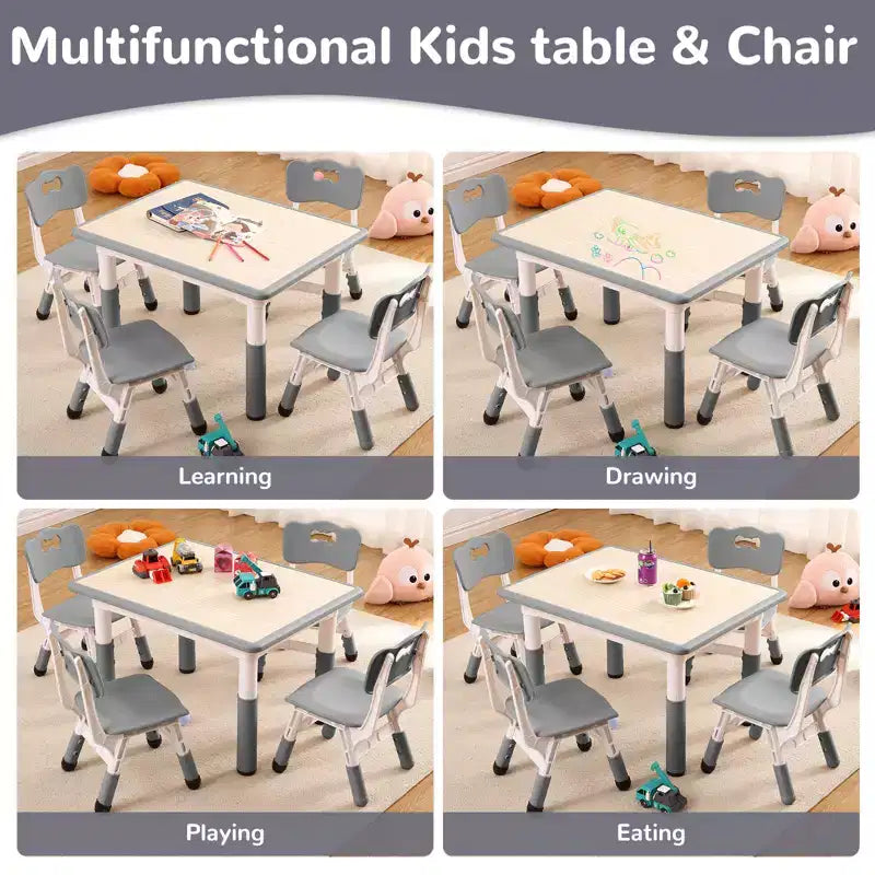 Set Tavolo Regolabile in Altezza e 4 Sedie per Bambini Colore Blu / Grigio / Legno