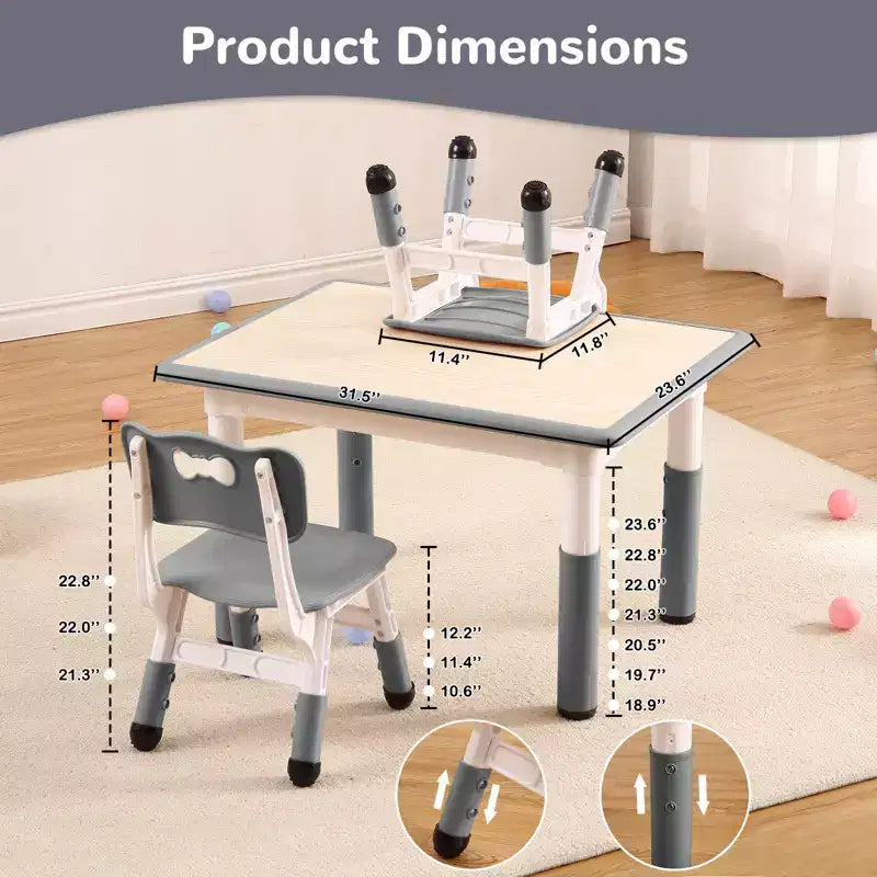 Set Tavolo Regolabile in Altezza e 4 Sedie per Bambini Colore Blu / Grigio / Legno