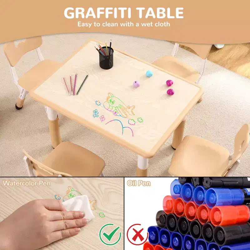 Set Tavolo Regolabile in Altezza e 4 Sedie per Bambini Colore Blu / Grigio / Legno