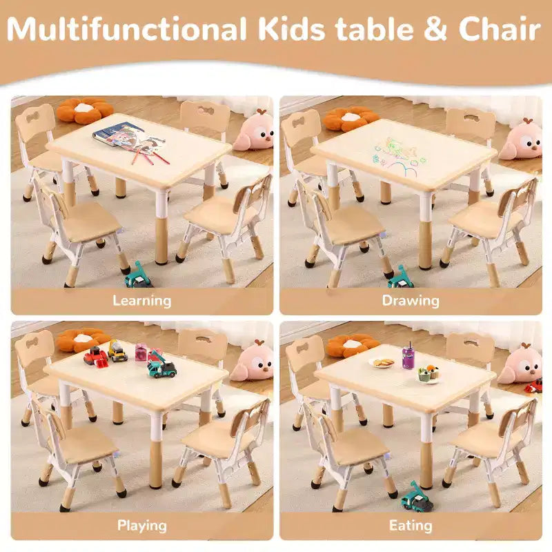 Set Tavolo Regolabile in Altezza e 4 Sedie per Bambini Colore Blu / Grigio / Legno