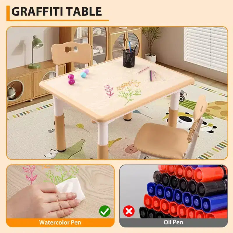 Set Tavolo Regolabile in Altezza e 4 Sedie per Bambini Colore Blu / Grigio / Legno