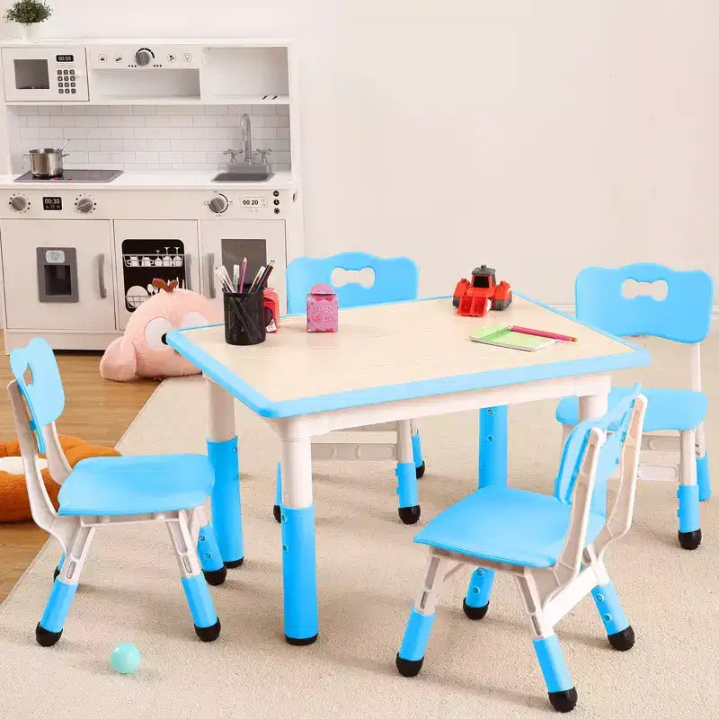 Set Tavolo Regolabile in Altezza e 4 Sedie per Bambini Colore Blu / Grigio / Legno