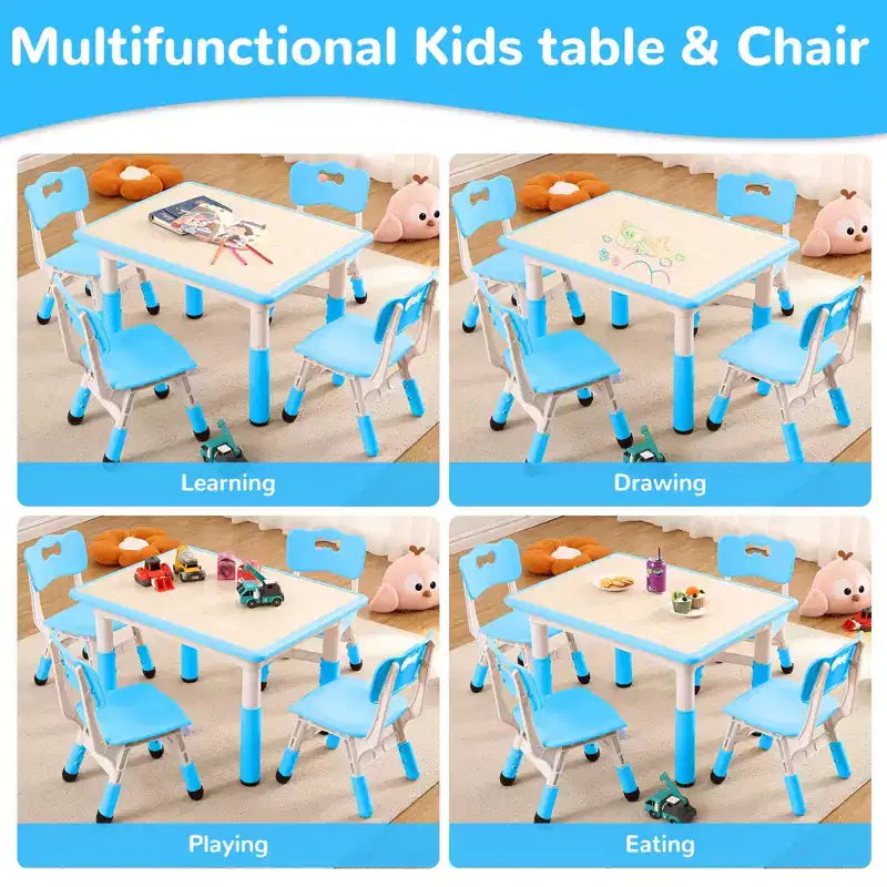 Set Tavolo Regolabile in Altezza e 4 Sedie per Bambini Colore Blu / Grigio / Legno