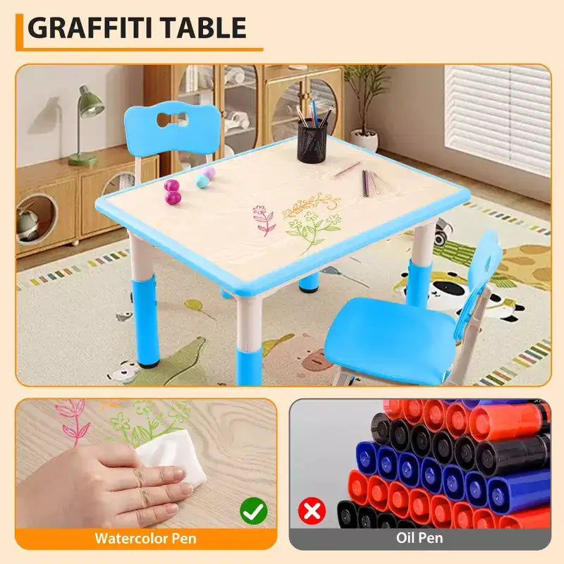 Set Tavolo Regolabile in Altezza e 4 Sedie per Bambini Colore Blu / Grigio / Legno