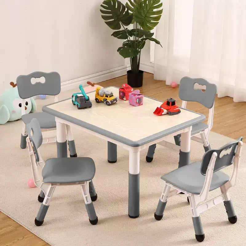 Set Tavolo Regolabile in Altezza e 4 Sedie per Bambini Colore Blu / Grigio / Legno