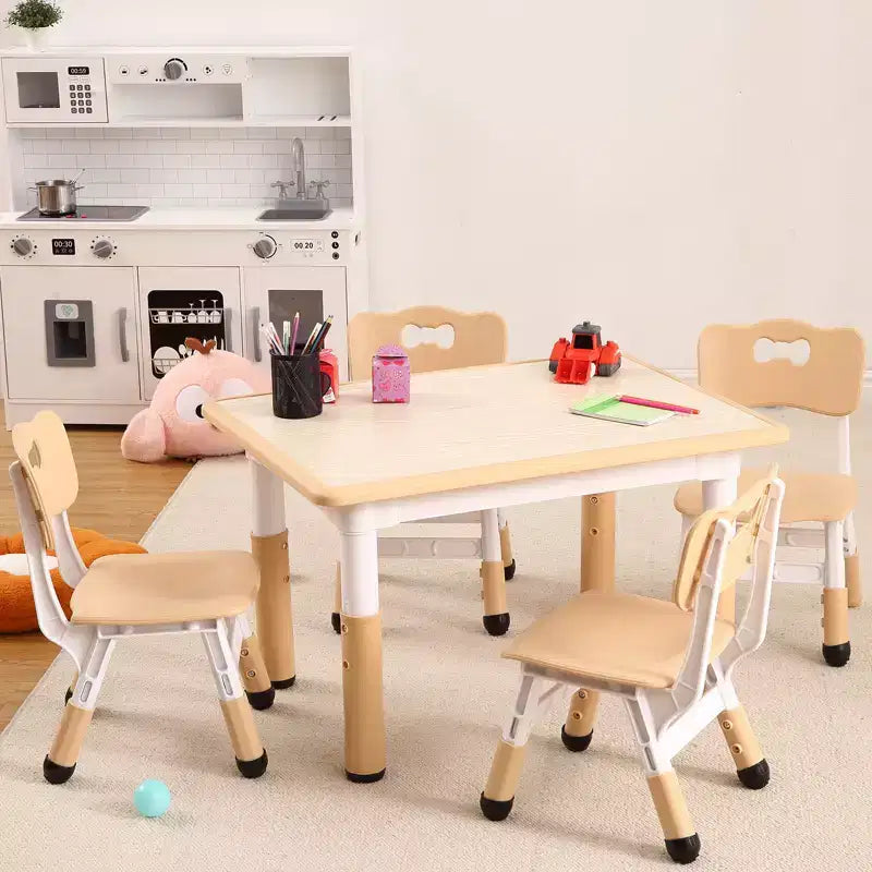 Set Tavolo Regolabile in Altezza e 4 Sedie per Bambini Colore Blu / Grigio / Legno