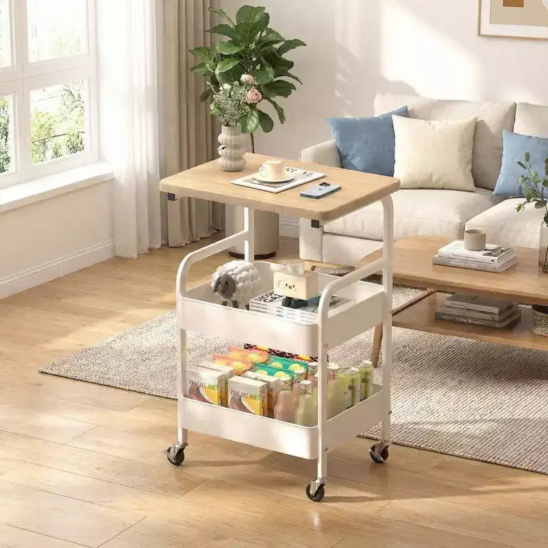 Carrello multiuso a 3 ripiani, bianco/nero, con ripiano superiore in legno di noce, struttura in metallo, utente singolo