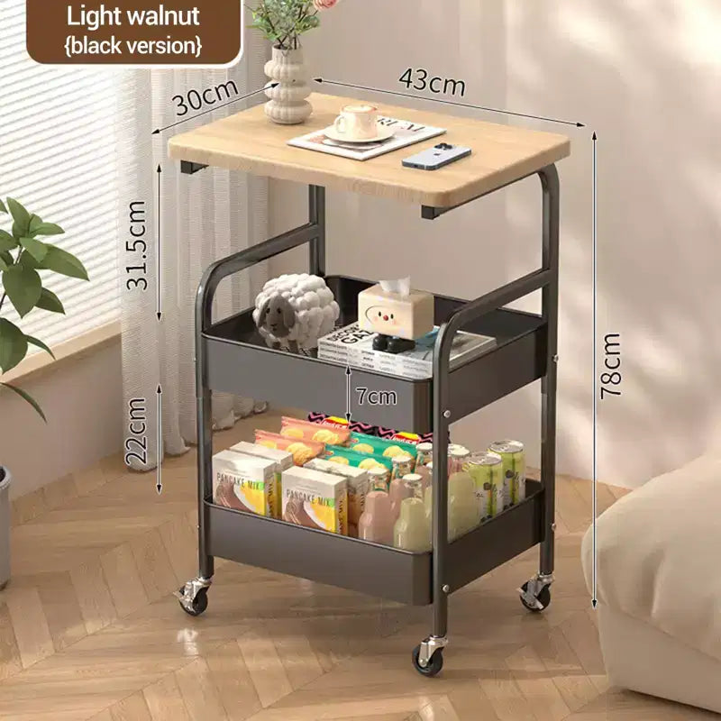 Carrello multiuso a 3 ripiani, bianco/nero, con ripiano superiore in legno di noce, struttura in metallo, utente singolo