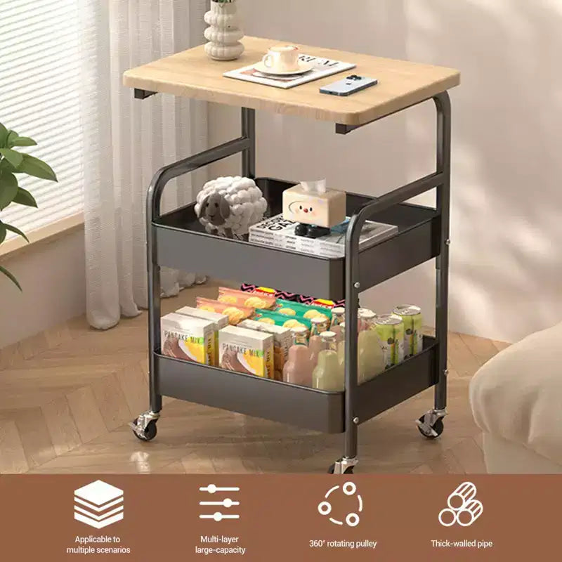 Carrello multiuso a 3 ripiani, bianco/nero, con ripiano superiore in legno di noce, struttura in metallo, utente singolo