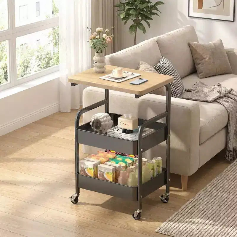 Carrello multiuso a 3 ripiani, bianco/nero, con ripiano superiore in legno di noce, struttura in metallo, utente singolo
