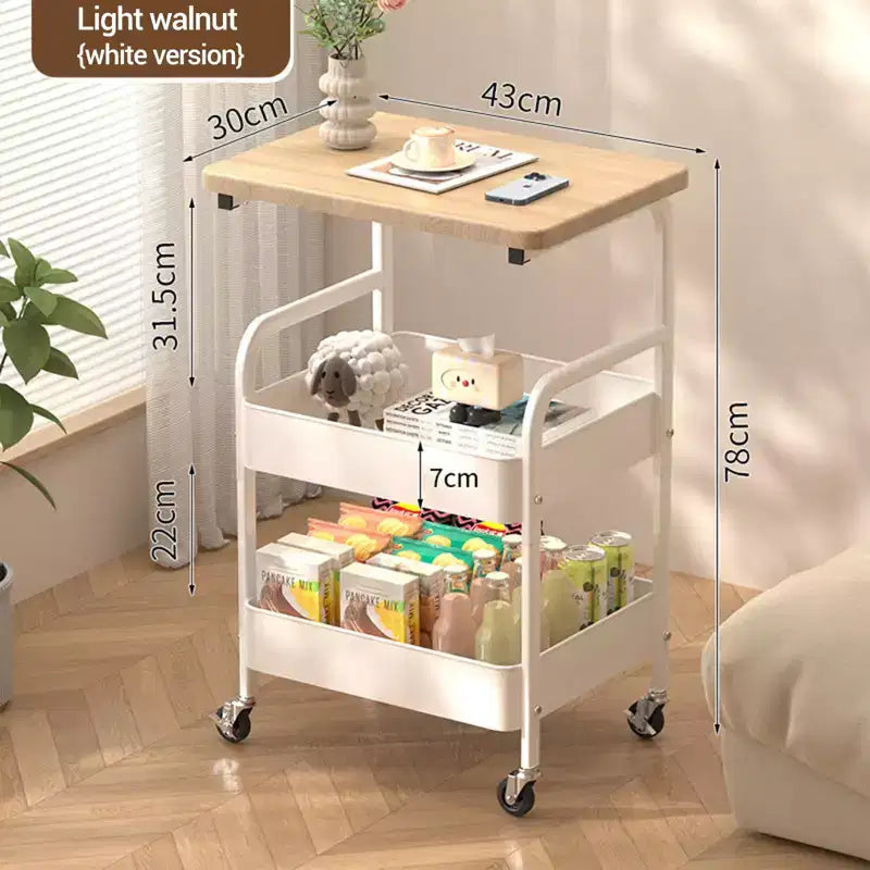 Carrello multiuso a 3 ripiani, bianco/nero, con ripiano superiore in legno di noce, struttura in metallo, utente singolo