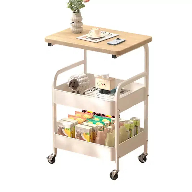 Carrello multiuso a 3 ripiani, bianco/nero, con ripiano superiore in legno di noce, struttura in metallo, utente singolo