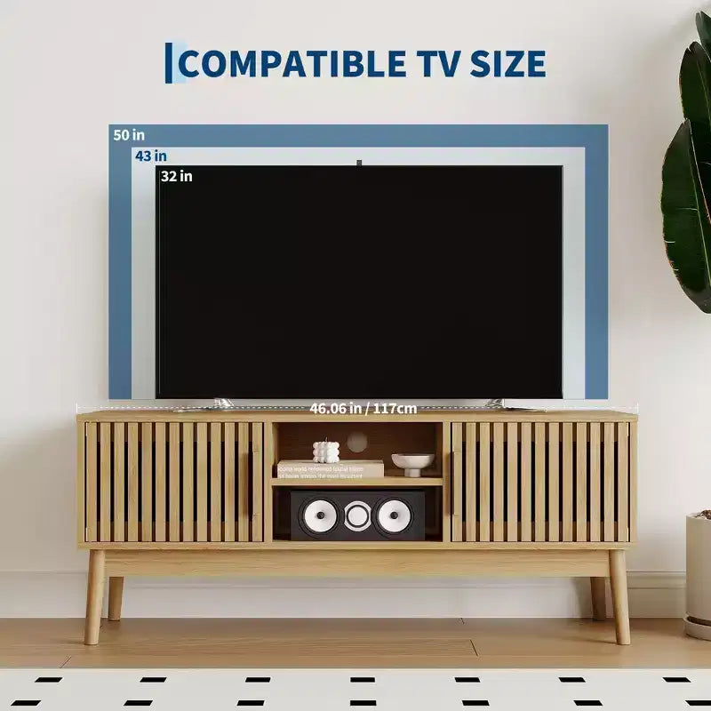 Mobile TV Boho in Legno Naturale con Armadietto e Ripiani Aperti, Adatto a TV fino a 50", Montaggio per 1 Persona