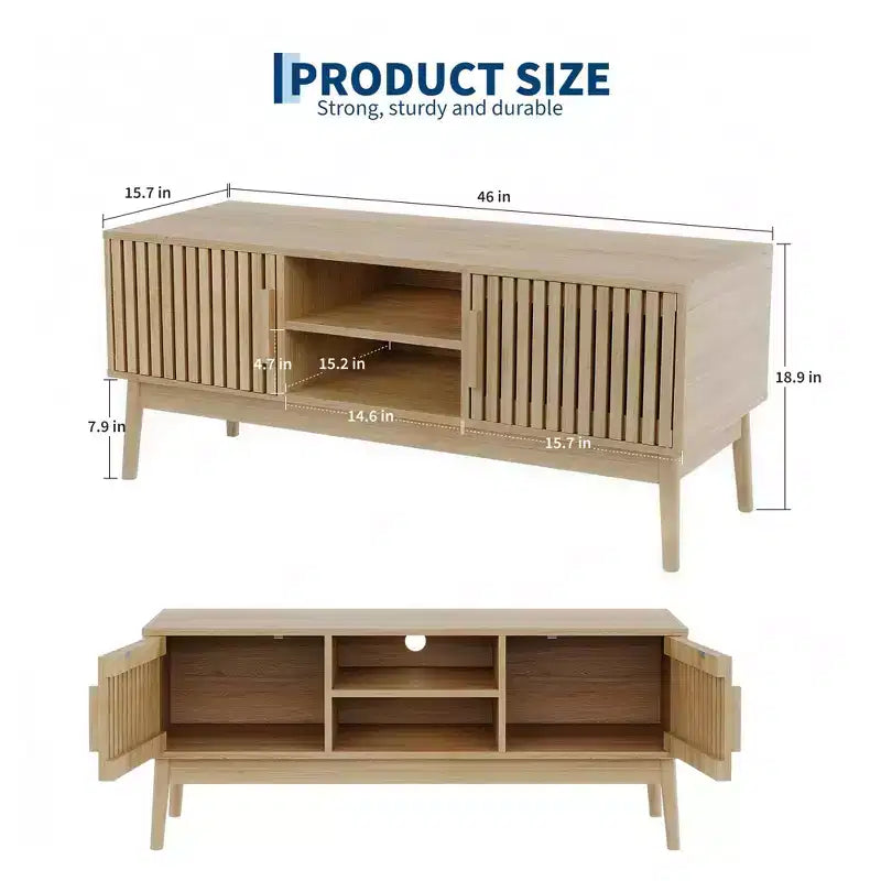 Mobile TV Boho in Legno Naturale con Armadietto e Ripiani Aperti, Adatto a TV fino a 50", Montaggio per 1 Persona