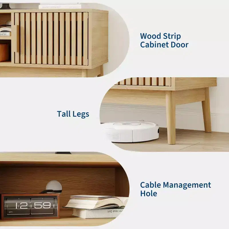 Mobile TV Boho in Legno Naturale con Armadietto e Ripiani Aperti, Adatto a TV fino a 50", Montaggio per 1 Persona