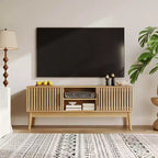 Mobile TV Boho in Legno Naturale con Armadietto e Ripiani Aperti, Adatto a TV fino a 50", Montaggio per 1 Persona