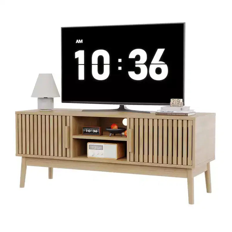 Mobile TV Boho in Legno Naturale con Armadietto e Ripiani Aperti, Adatto a TV fino a 50", Montaggio per 1 Persona