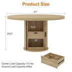 Tavolo da pranzo rotondo da 47" per 4 persone – Nero / Naturale / Noce, stile rustico con ripiano portaoggetti e cassetto