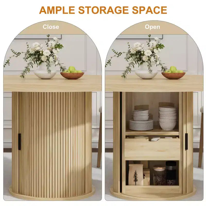 Tavolo da pranzo rotondo da 47" per 4 persone – Nero / Naturale / Noce, stile rustico con ripiano portaoggetti e cassetto