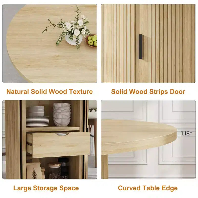 Tavolo da pranzo rotondo da 47" per 4 persone – Nero / Naturale / Noce, stile rustico con ripiano portaoggetti e cassetto