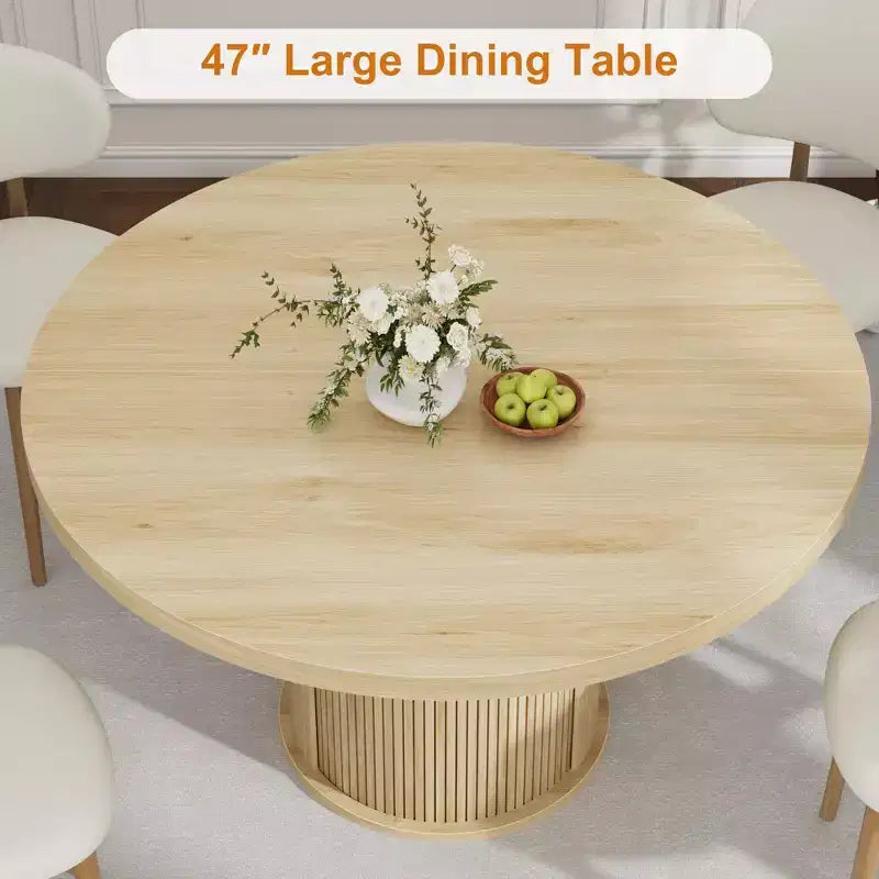 Tavolo da pranzo rotondo da 47" per 4 persone – Nero / Naturale / Noce, stile rustico con ripiano portaoggetti e cassetto
