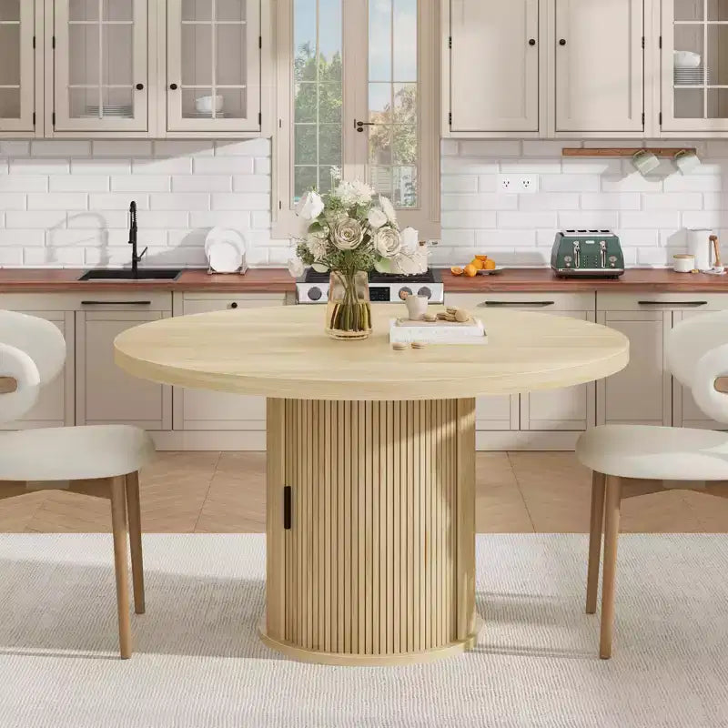 Tavolo da pranzo rotondo da 47" per 4 persone – Nero / Naturale / Noce, stile rustico con ripiano portaoggetti e cassetto
