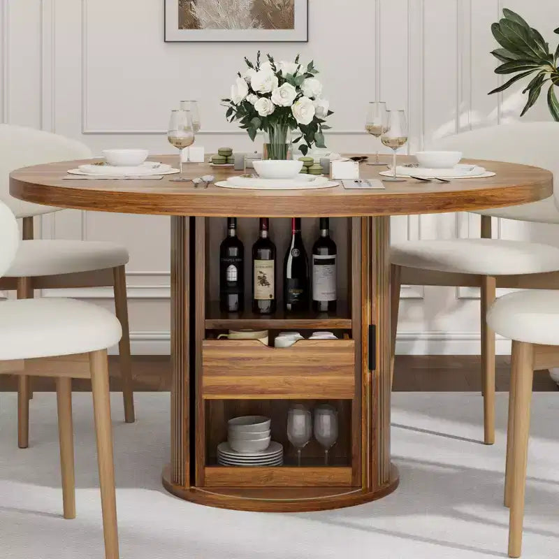 Tavolo da pranzo rotondo da 47" per 4 persone – Nero / Naturale / Noce, stile rustico con ripiano portaoggetti e cassetto