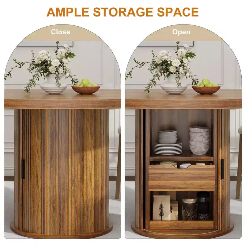 Tavolo da pranzo rotondo da 47" per 4 persone – Nero / Naturale / Noce, stile rustico con ripiano portaoggetti e cassetto