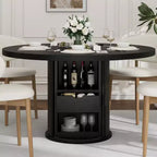 Tavolo da pranzo rotondo da 47" per 4 persone – Nero / Naturale / Noce, stile rustico con ripiano portaoggetti e cassetto