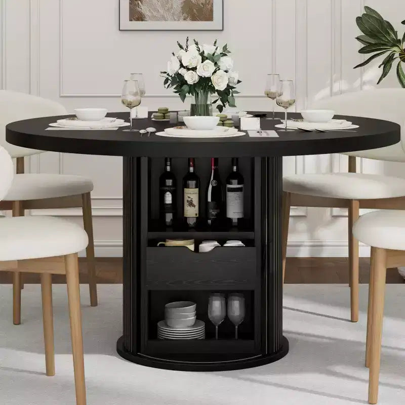 Tavolo da pranzo rotondo da 47" per 4 persone – Nero / Naturale / Noce, stile rustico con ripiano portaoggetti e cassetto