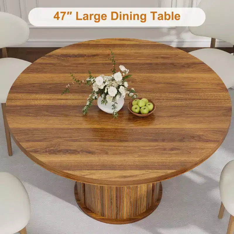 Tavolo da pranzo rotondo da 47" per 4 persone – Nero / Naturale / Noce, stile rustico con ripiano portaoggetti e cassetto