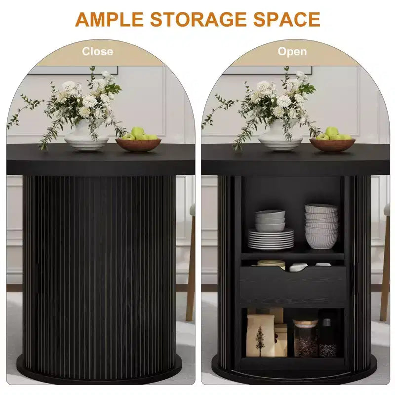 Tavolo da pranzo rotondo da 47" per 4 persone – Nero / Naturale / Noce, stile rustico con ripiano portaoggetti e cassetto