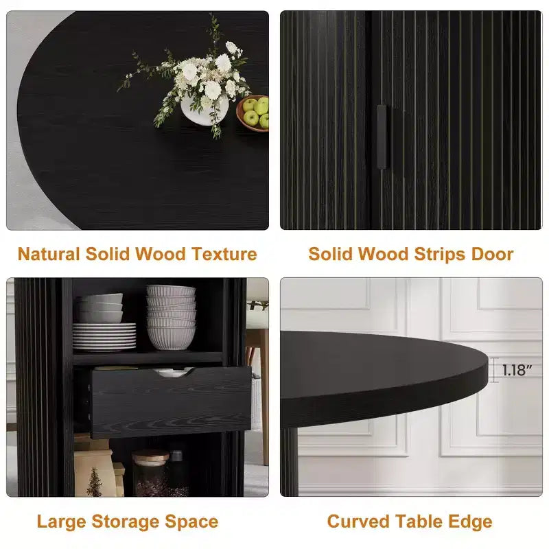 Tavolo da pranzo rotondo da 47" per 4 persone – Nero / Naturale / Noce, stile rustico con ripiano portaoggetti e cassetto