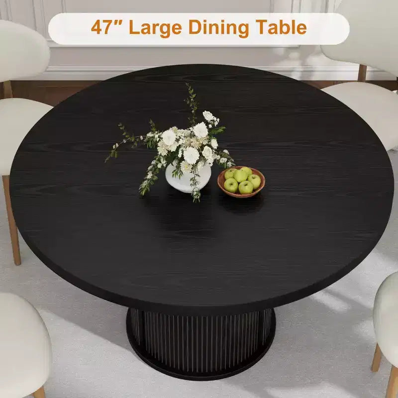 Tavolo da pranzo rotondo da 47" per 4 persone – Nero / Naturale / Noce, stile rustico con ripiano portaoggetti e cassetto