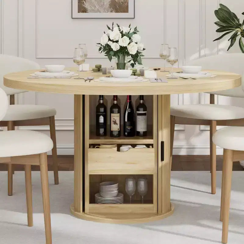 Tavolo da pranzo rotondo da 47" per 4 persone – Nero / Naturale / Noce, stile rustico con ripiano portaoggetti e cassetto