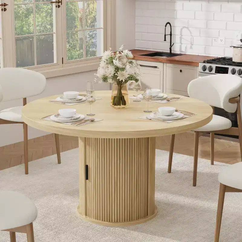 Tavolo da pranzo rotondo da 47" per 4 persone – Nero / Naturale / Noce, stile rustico con ripiano portaoggetti e cassetto