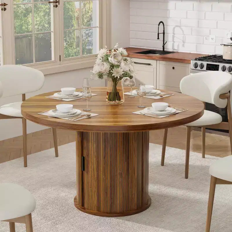 Tavolo da pranzo rotondo da 47" per 4 persone – Nero / Naturale / Noce, stile rustico con ripiano portaoggetti e cassetto