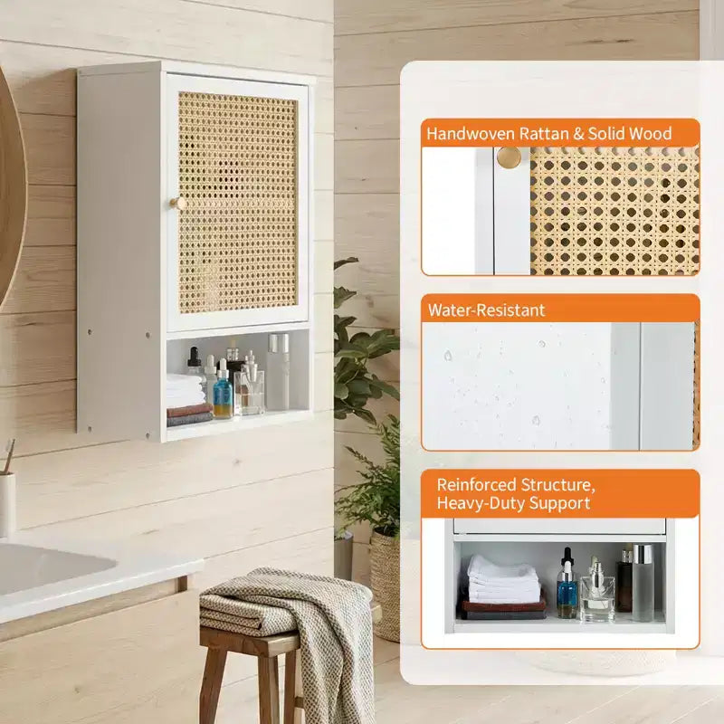 Mobiletto da parete in bambù naturale/bianco con ante in rattan – Sopra il WC, monolocale