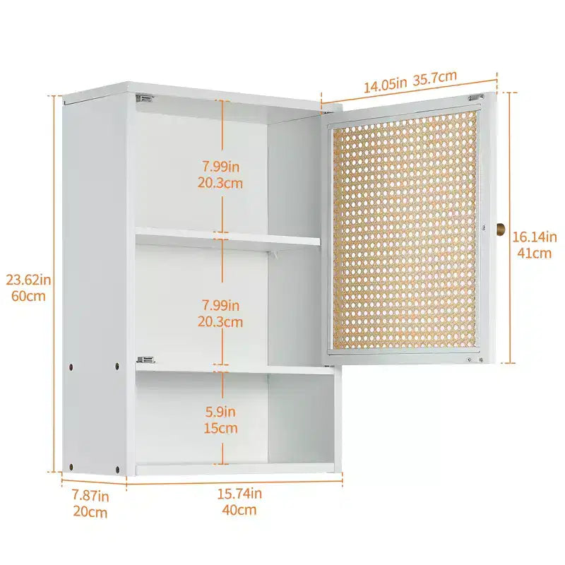 Mobiletto da parete in bambù naturale/bianco con ante in rattan – Sopra il WC, monolocale