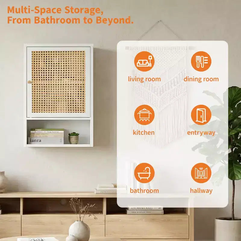 Mobiletto da parete in bambù naturale/bianco con ante in rattan – Sopra il WC, monolocale