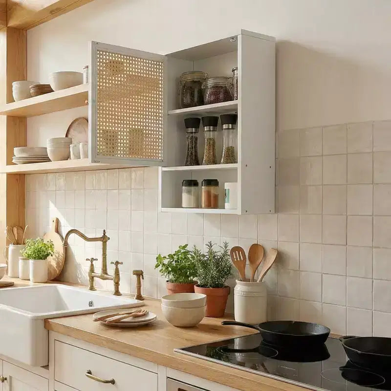 Mobiletto da parete in bambù naturale/bianco con ante in rattan – Sopra il WC, monolocale