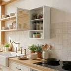 Mobiletto da parete in bambù naturale/bianco con ante in rattan – Sopra il WC, monolocale