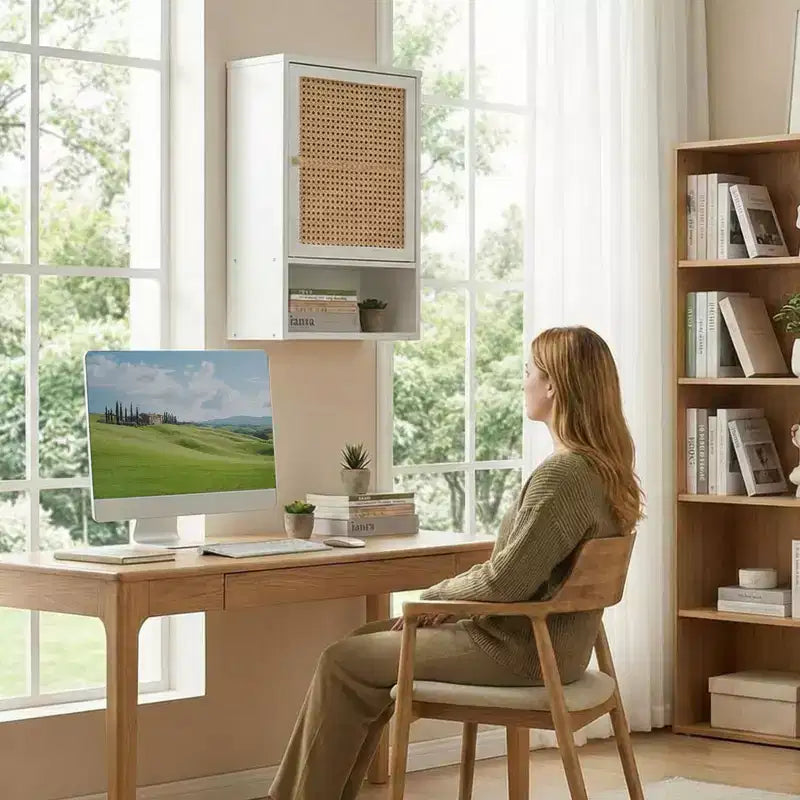 Mobiletto da parete in bambù naturale/bianco con ante in rattan – Sopra il WC, monolocale